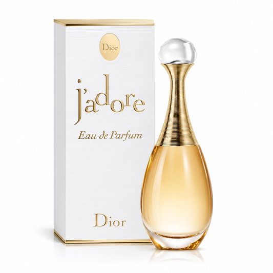 Dior J'adore Eau de Parfum bottle with its white and gold packaging box, set against a clean white background.