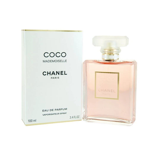 Chanel Coco Mademoiselle perfume bottle and packaging on a white background