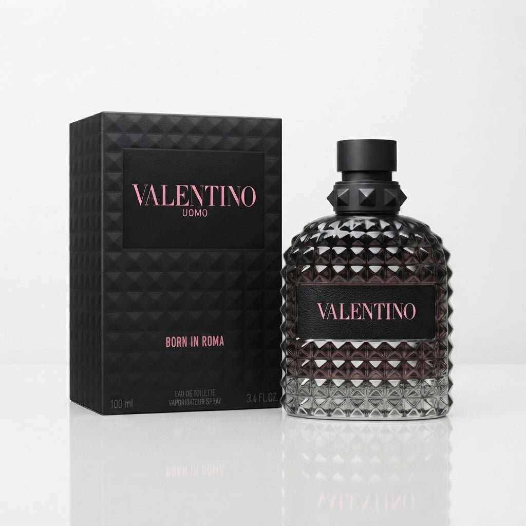 Valentino Uomo Born in Roma Eau de Toilette bottle and its black textured packaging box, displayed on a clean white reflective surface.